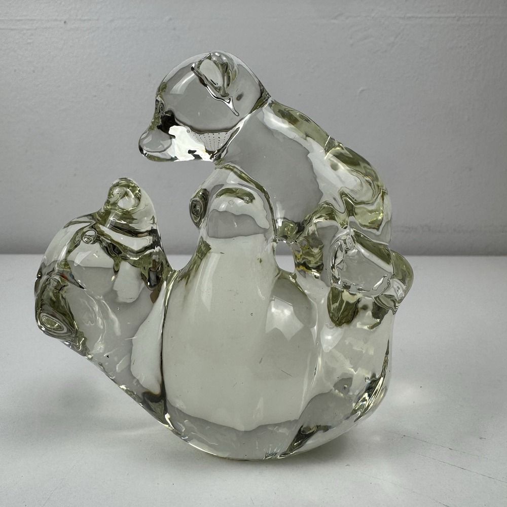 Vtg Clear Art Glass Mama Bear Cub Paperweight Figurine MCM Decor